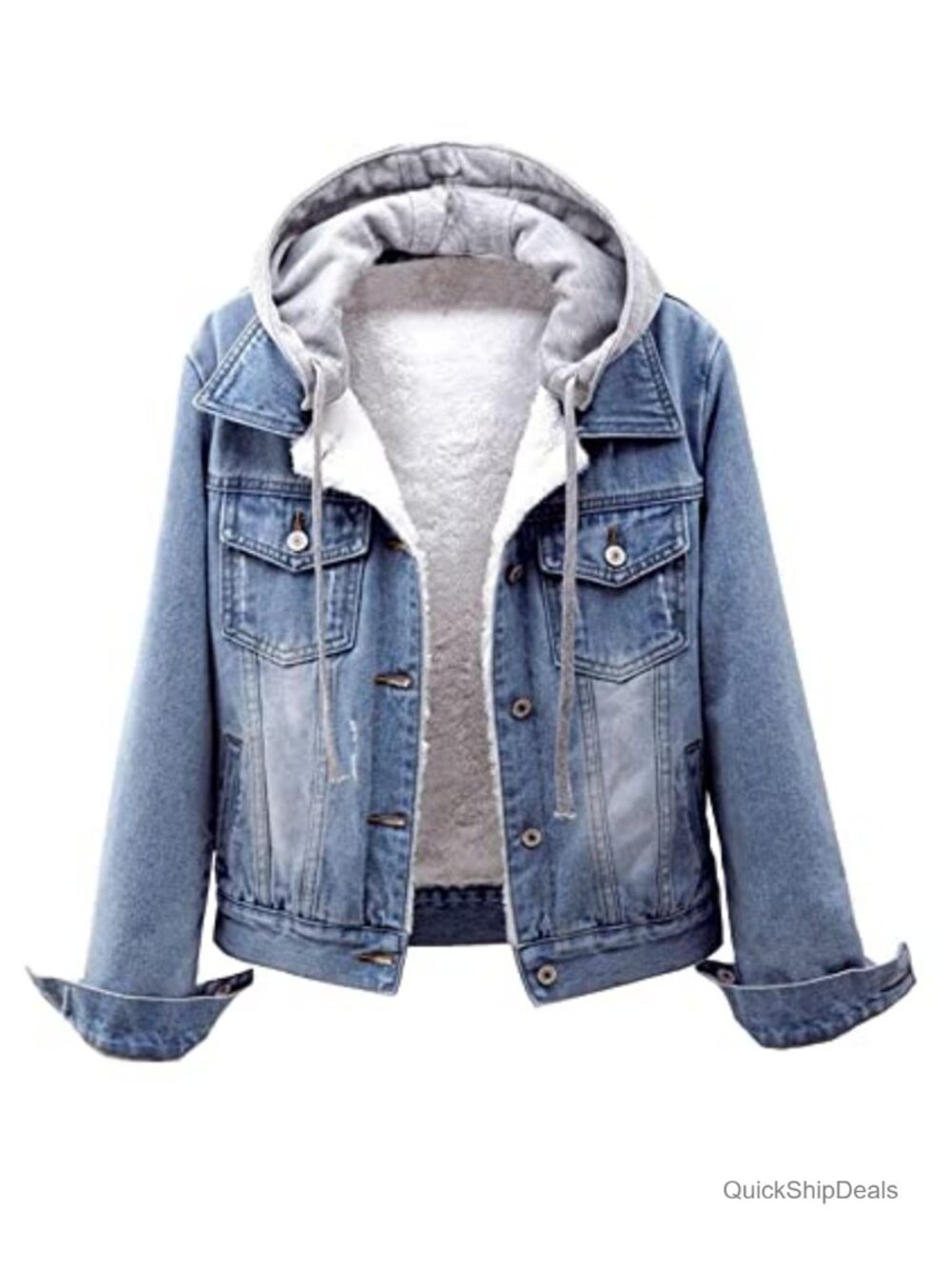 Cropped Denim Jacket Fleece Lined Hooded Button Down Long Sleeve Winter Coat